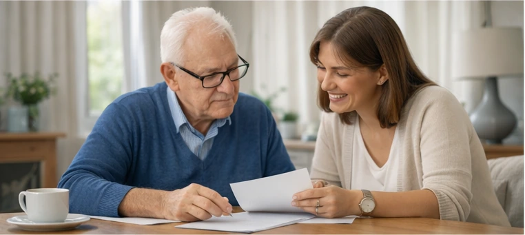 Angehörige und ältere Person besprechen Unterstützung und Entlastungsbetrag